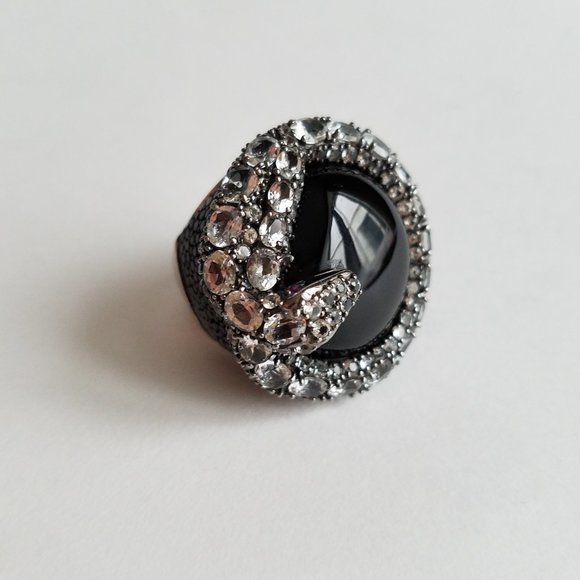 Women's Silver 925 Aquamarine Black Onyx Stingray Skin Snake Ring Size 8 - Picture 3 of 15